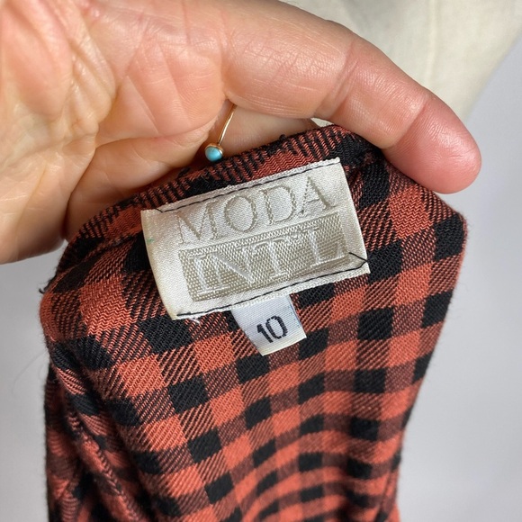 VINTAGE 90s Moda Intl Gingham Plaid Clay & Black Long Sleeve Button Dress Medium - Picture 6 of 8